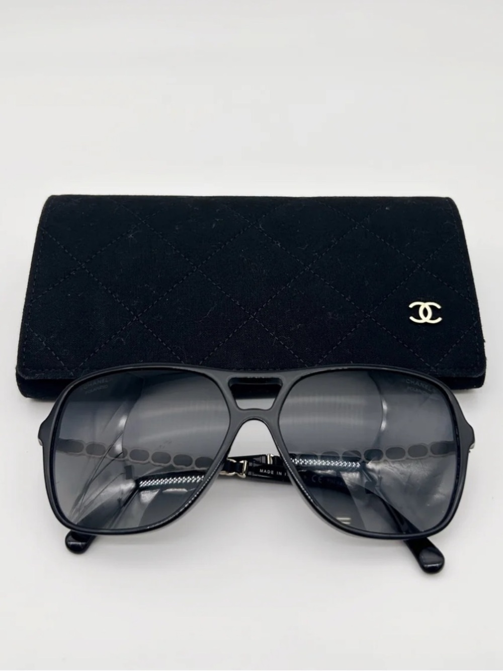 CHANEL Black Aviator Sunglasses with Quilted CC Case